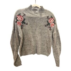 Women Boho Cottage Sweater Sz Lg Gray Mock‎ Neck Embroidered Rose Butterfly #478
